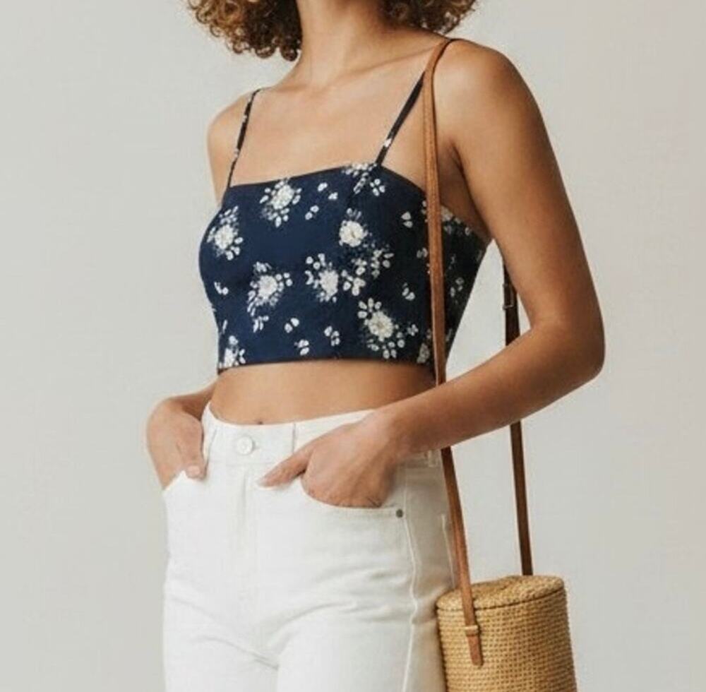House of Harlow 1960 | Navy Blue Floral Crop Top XS Silky Ruched Back